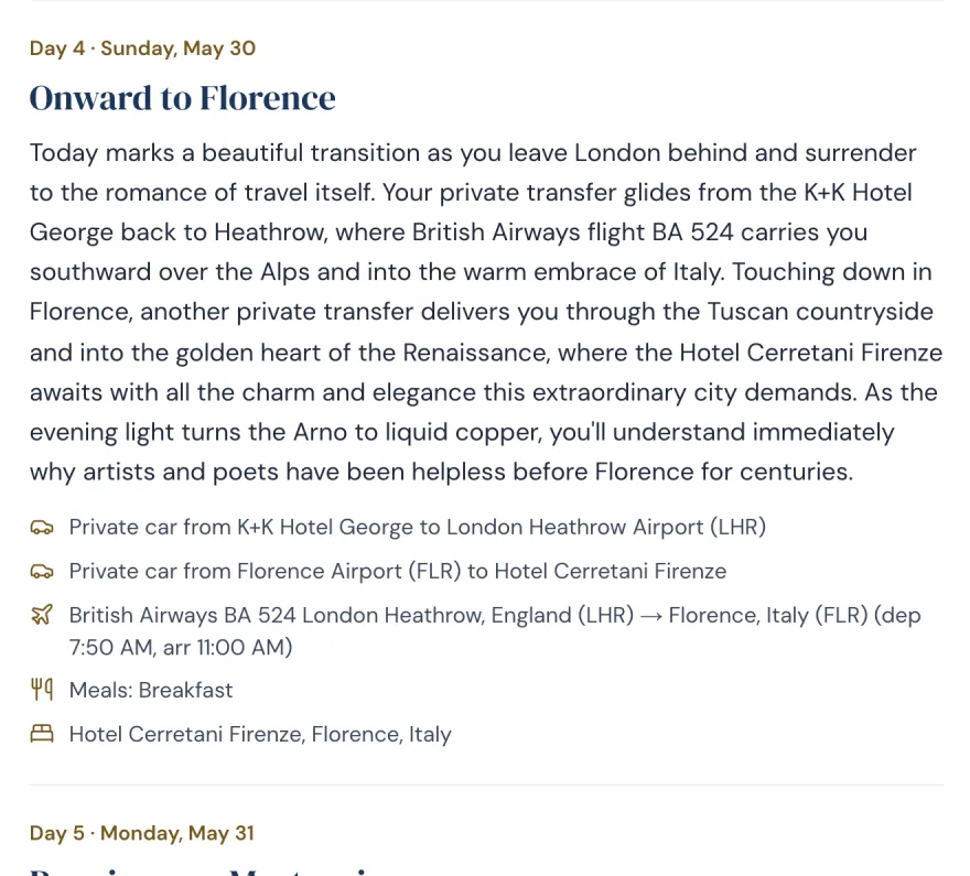 A drafted day of the itinerary: onward to Florence, with the transfer and the flight worked out