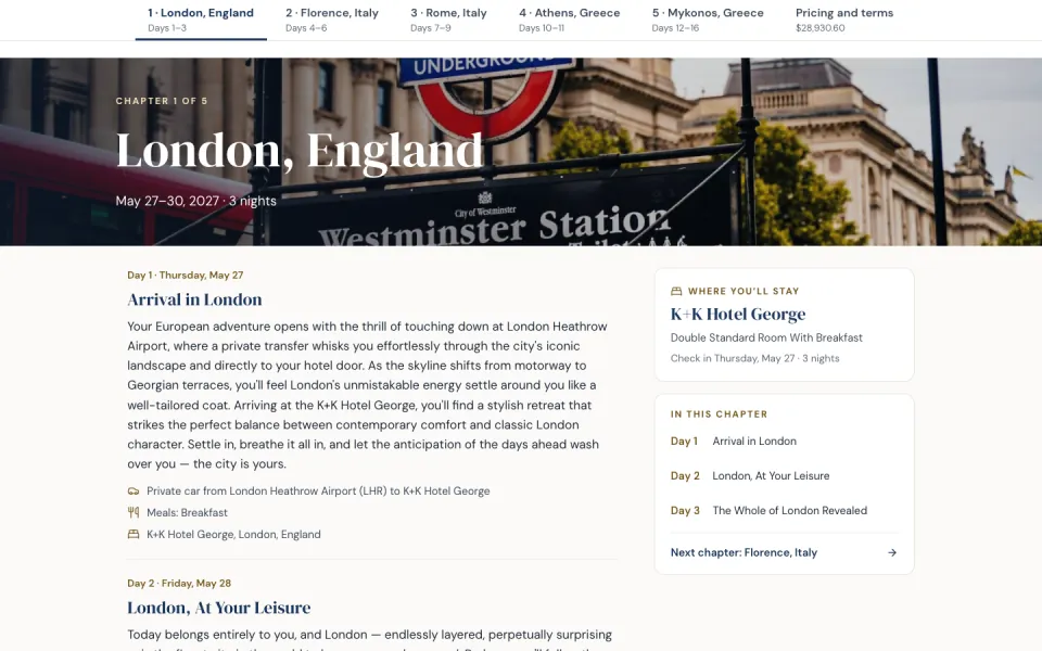 The sample trip, Grand European Passage, in the Chapter template