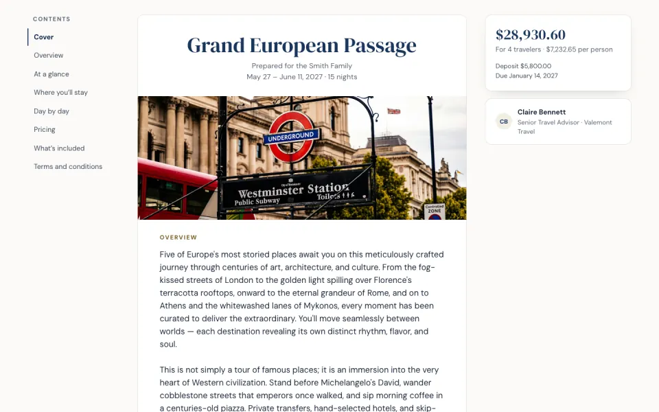 The sample trip, Grand European Passage, in the Classic template