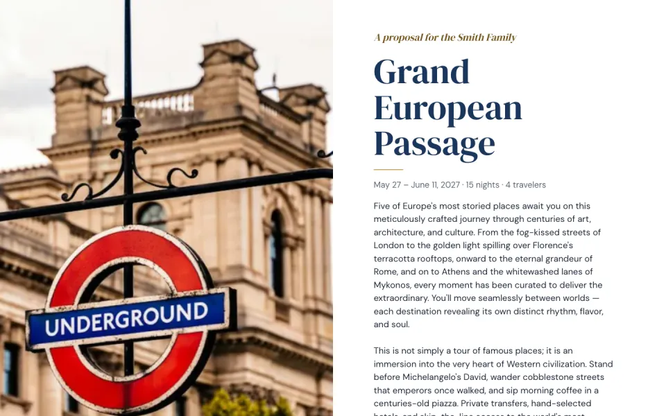 The sample trip, Grand European Passage, in the Editorial template