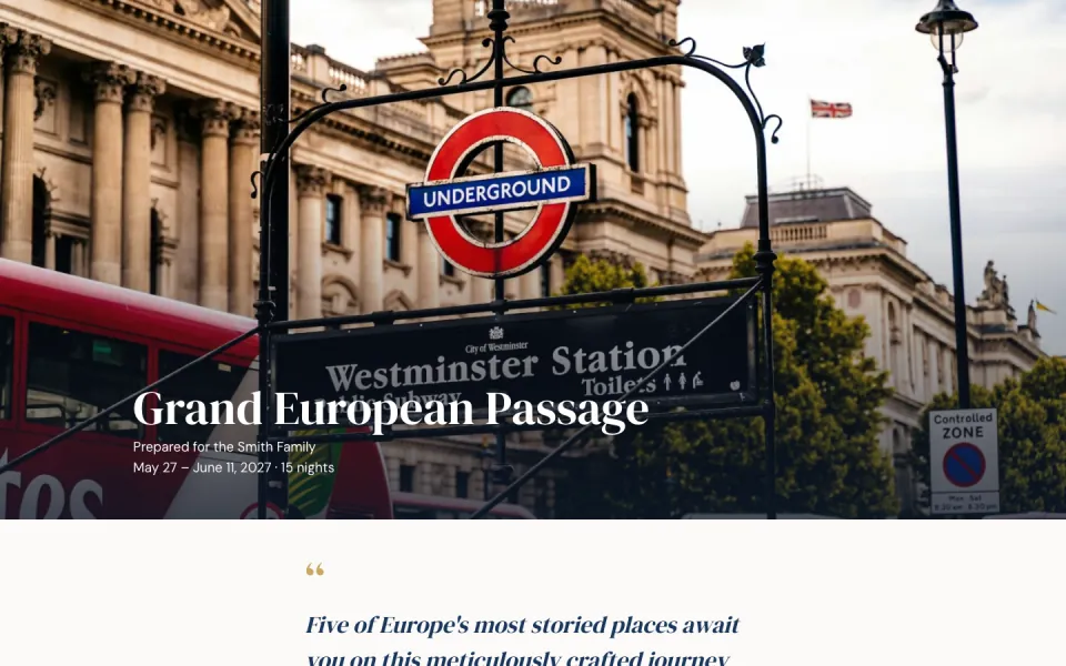 The sample trip, Grand European Passage, in the Narrative template
