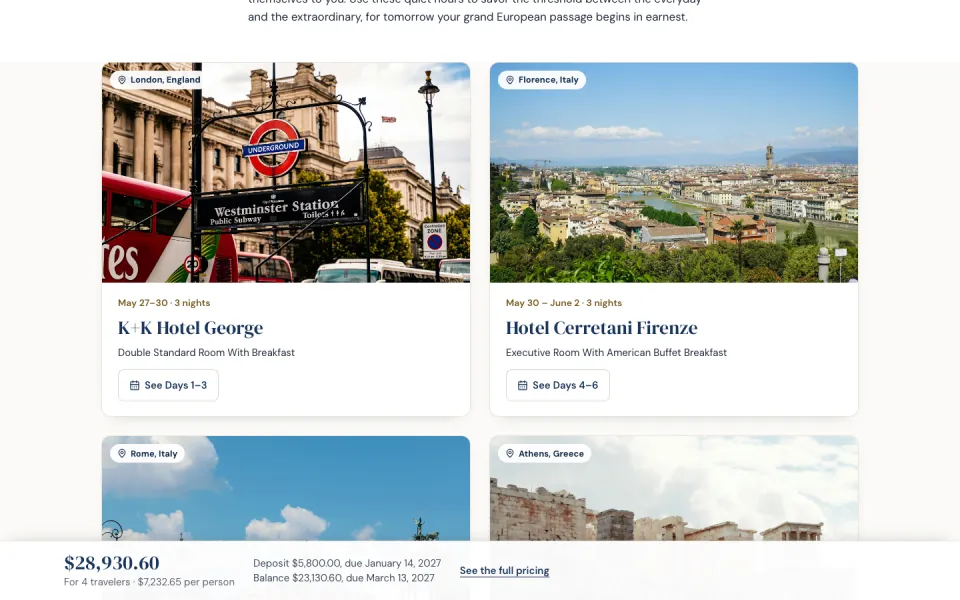 The sample trip, Grand European Passage, in the Portfolio template