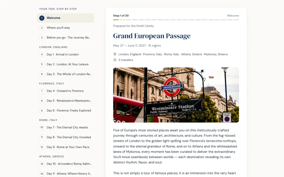 The sample trip, Grand European Passage, in the Wizard template